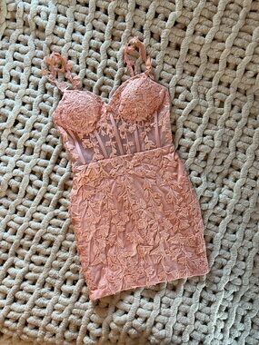Sherri Hill Dusty Pink Lace Appliqué Mini Dress